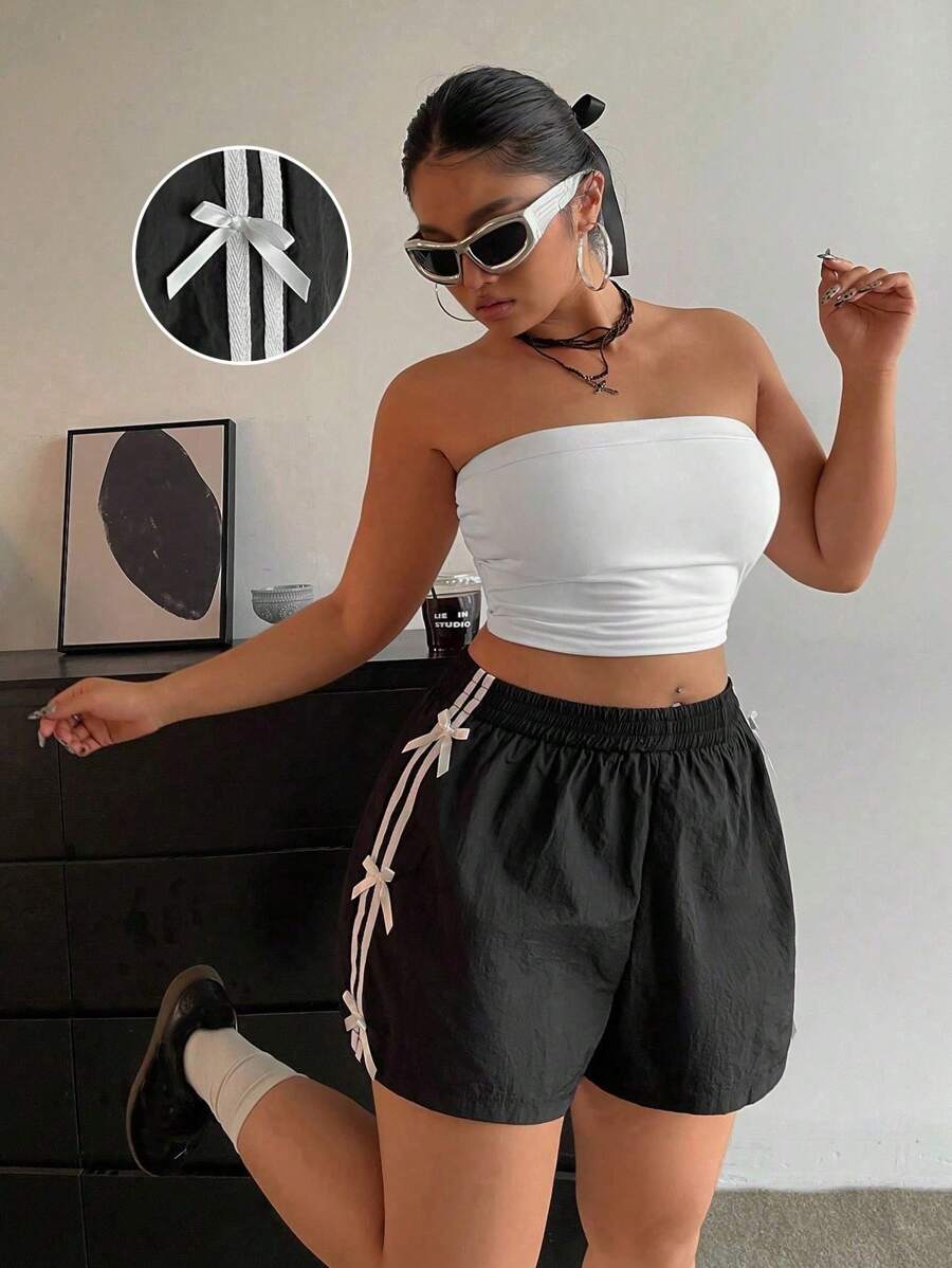 POPSWAY 大码侧条纹蝴蝶结休闲夏季短裤