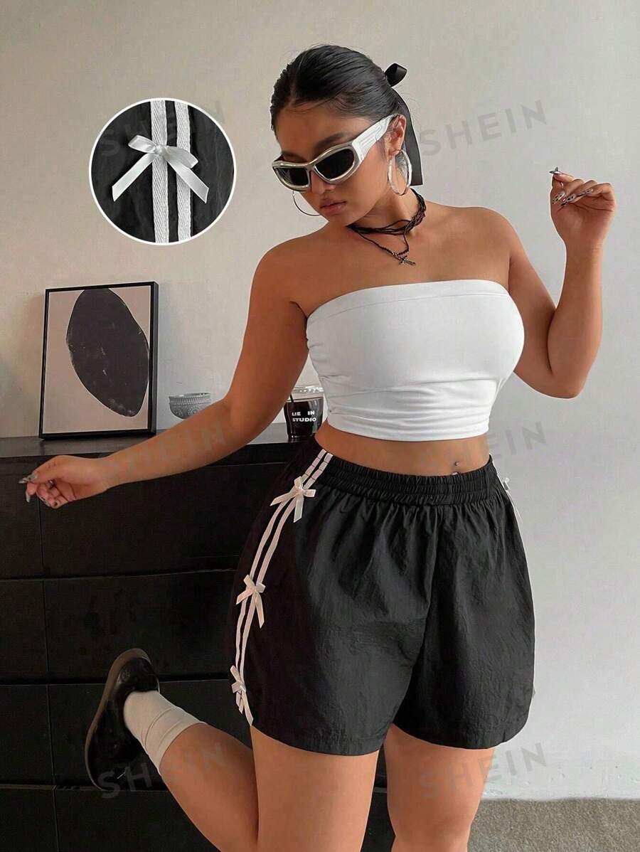 POPSWAY Pantalones cortos de verano casuales con lazo y rayas laterales para tallas grandes