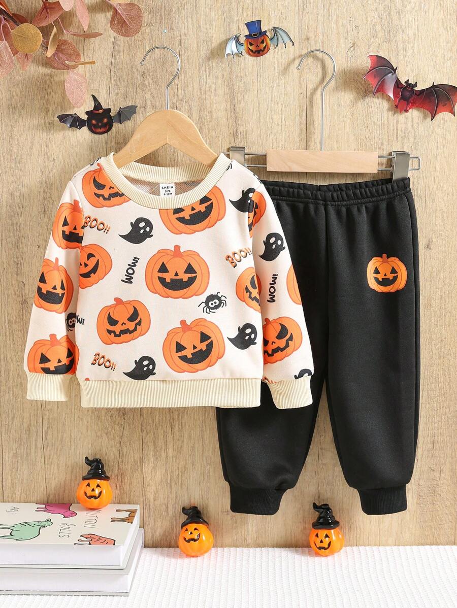 SHEIN 2 件套婴幼儿万圣节骷髅南瓜蝙蝠印花连帽衫运动衫和裤子套装，杏色和橙色 - 彩色 - 查看 1