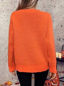 Chiquease Cute Fall Halloween Smiling Face Women Orange Sweater Knit Pullover Fall Winter Outfit - Orange - View 2