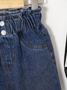 Young Girl Casual Simple Button Waist Soft Comfortable Denim Effect Spring Autumn Long Pants - Medium Wash - View 4