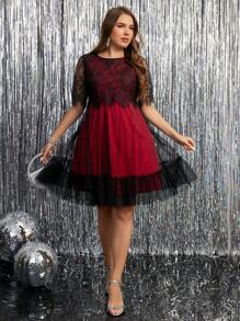 SHEIN Clasi Plus Size Zwarte Kant Contrast Mesh Elegante Zomerjurk
