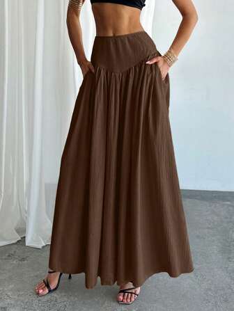 Firerie Women's Ruched High Waist A-Line Elegant Genuine Pocket Skirt