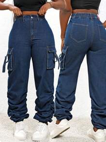 SHEIN Slayr Quần Denim thông thường có túi có túi cạp cao cạp cao - Rửa tối - Xem 3