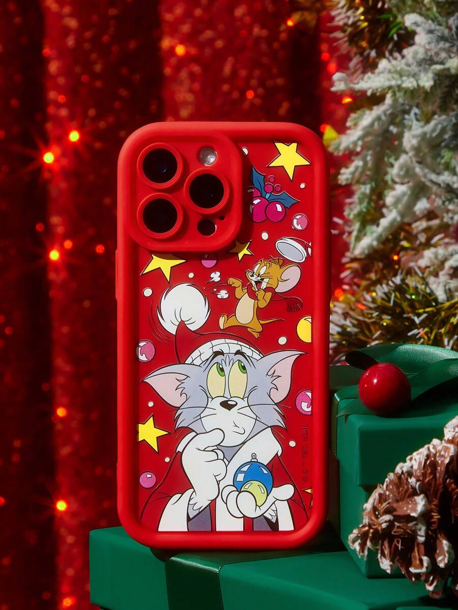 TOM & JERRY X SHEIN Christmas Cartoon Print Phone Case,Compatible With IPhone - Red - View 1
