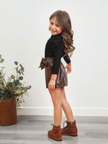 SHEIN Young Girl Plain Color All-Match Stand Collar T-Shirt With Puff Sleeves, Versatile - Black - View 4