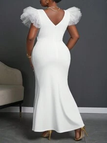 Slaydiva Elegant White V-Neck High Slit Dress With Mesh Sleeve Detail, Evening Gown - Plus Size - White - View 2