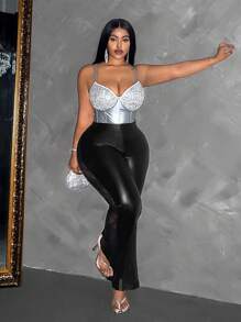 Maweii Plus Size Fashion Lace Patchwork Flare Pants Fall Cloth For Women - Black - View 4