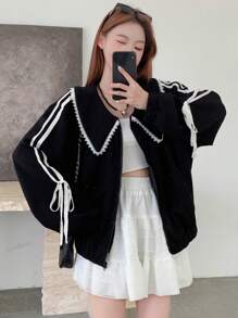 DAZY Women's Color Block Trim Knot Peter Pan Collar Long Sleeve Black Jacket - Black - View 3