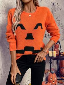 Chiquease Cute Fall Halloween Smiling Face Women Orange Sweater Knit Pullover Fall Winter Outfit - Orange - View 4
