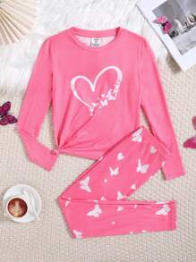 SHEIN Tween Girl 紧身心形印花上衣和蝴蝶印花长裤家居服套装 - 玫紅色 - 查看 1