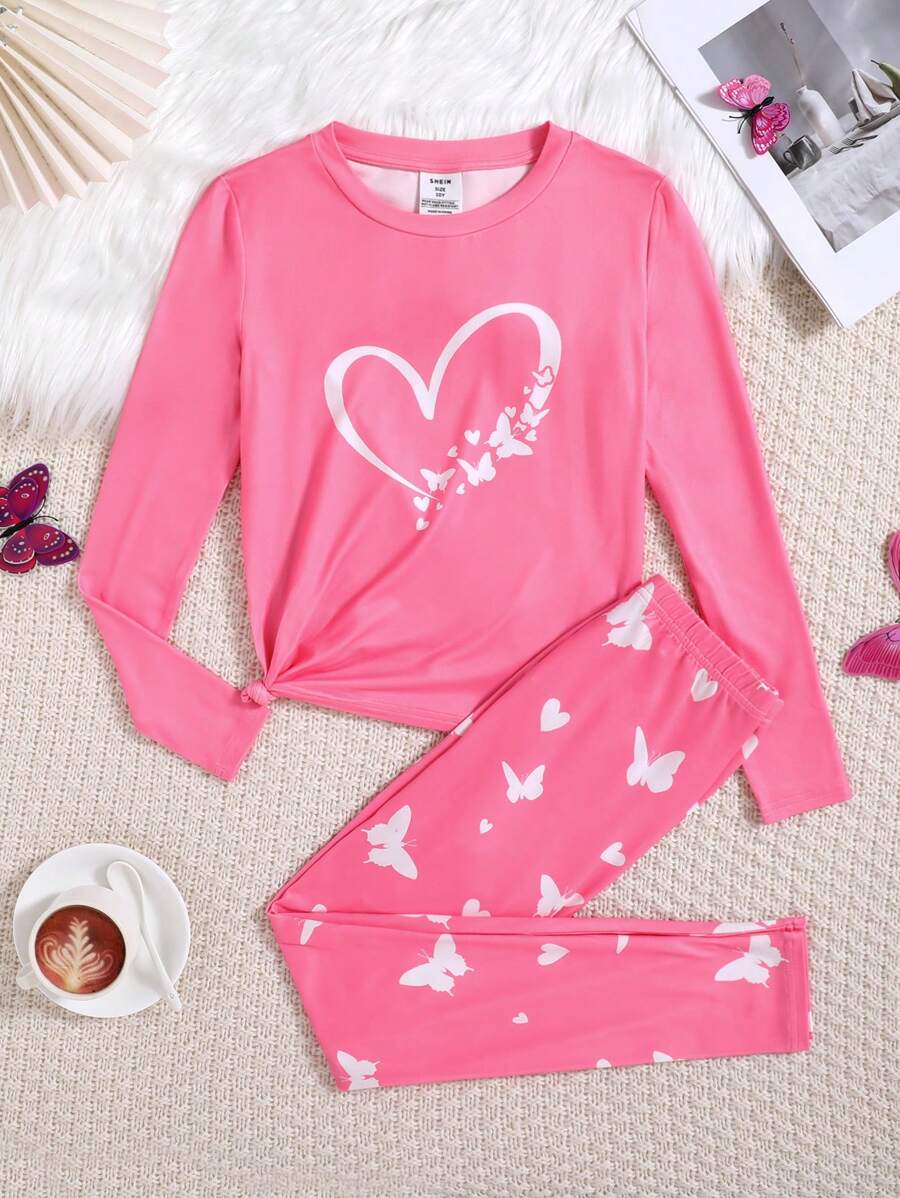 SHEIN Tween Girl 紧身心形印花上衣和蝴蝶印花长裤家居服套装 - 玫紅色 - 查看 1