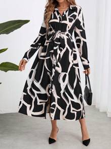 SHEIN Maternity Casual Button Down Loose Fit Long Dress, Autumn - Black - View 4