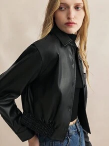 BizChic Black PU Elastic Hem Fitted Long Sleeve Jacket - Black - View 4