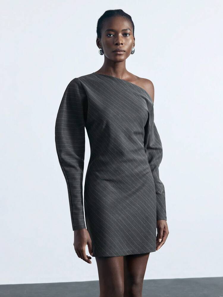 SHEIN Maija Robe courte asymétrique à manches longues et imprimé rayé pour femmes, élégante
