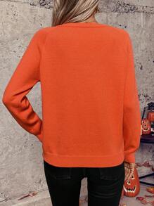 SHEIN LUNE Orange V-Neck Cartoon Pattern Cute Fall Long Sleeve Pullover Sweater