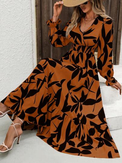 SHEIN LUNE 女士拼色印花长袖秋季长裙女装