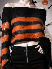 Jersey de mujer de manga larga con diseño de rayas de contraste de un hombro y agujero, de moda nueva para Halloween - Multicolor - Ver 4