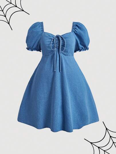 SHEIN MOD Plus Size Denim Dress,Light Blue Summer Cute Everyday Sweet Bubble Sleeve Loose Fit,Bow Dress,Fall Women Dresses,Homecoming,Renaissance Dress