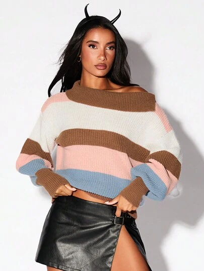 Glamine Women Contrast Color Knitted Sweater, Long Sleeve, Fall Winter