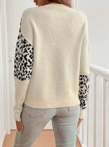 EMERY ROSE Women's Round Neck Leopard Print Long Sleeve Sweater,Long Sleeve Tops Knit Pullover Fall Winter Outfit - Apricot - View 2