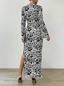 SHEIN Essnce Vestido de mujer ajustado de cuello redondo de manga larga con bajo dividido con estampado total, vestidos de mujer de primavera/verano, vestidos de mujer de otoño, vestido sexy, vestido largo, vestido de fiesta, vestido informal de oficina, vestido de mujer de otoño, vestido de mujer de invierno, faldas de mujer de moda coreana, atuendos de mujer de otoño, atuendos de mujer de invierno, ropa de mujer de invierno, atuendo de cena, ropa de otoño, vestido de invierno, conjunto de ropa de invierno, vestido de gala formal - Multicolor - Ver 4