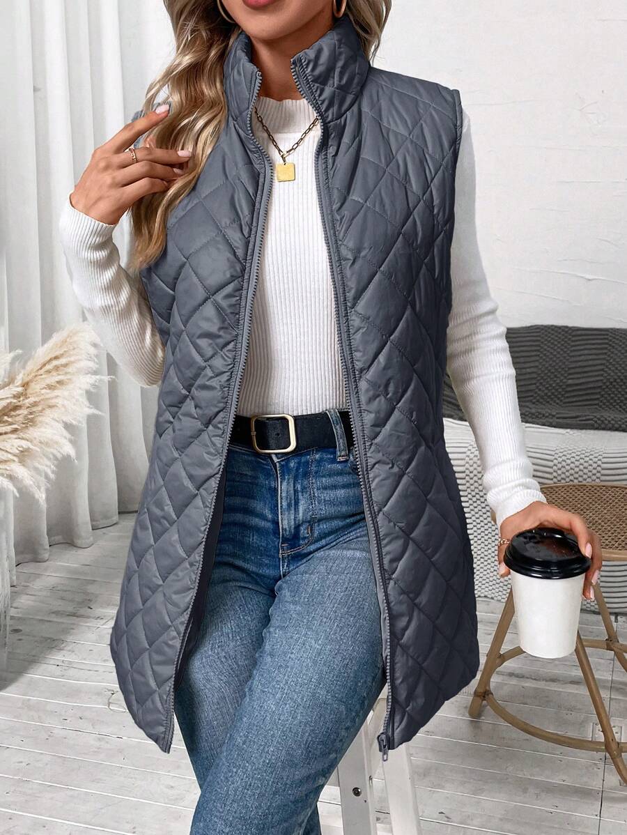 SHEIN Clasi Plus Size Casual Quilted Zip-Up Padded Coat, Suitable For Winter Fall Autumn - Dusty Blue - View 1