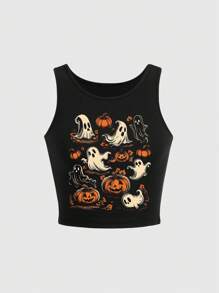 ROMWE Halloween Pumpkin & Ghost Print Tight Fit Tank Top - Black - View 1