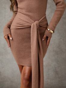 SHEIN BAE 女士纯色休闲系腰长袖连衣裙返校节连衣裙短款秋季女装冬季女装冬季女装秋季女式毛衣栗色连衣裙毛衣连衣裙女士毛衣连衣裙秋季女装秋季毛衣优雅女装连衣裙 - 卡其色 - 查看 2