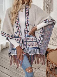 SHEIN LUNE Geometric Print Batwing Sleeve Casual Cardigan With Tassel Trim - Apricot - View 5