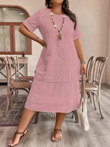 EMERY ROSE Plus Size Eyelet Embroidered Woven Patchwork Round Neck Long Sleeve Dress Women Outfit, For Summer - Dusty Pink - View 1