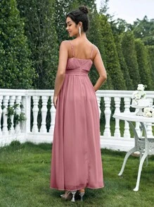 SHEIN Belle Women's Elegant Long Dress, Chiffon Spaghetti Strap Slit Dress, Summer Long Dress, Party Cocktail Dress, Formal Gown - Dusty Pink - View 2