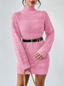 Chiquease Solid Color Turtleneck Textured Long Sleeve Sweater Dress Fall Winter Cloth For Women - Pink - View 5