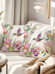 2 件花卉鸟紫粉色抱枕套，春季装饰抱枕套，适合春季派对客厅卧室沙发床装饰礼物，无枕芯 - 綠色 - 查看 2