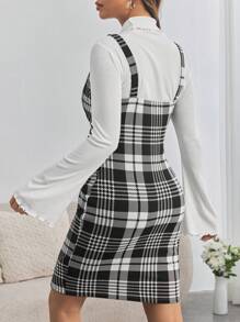 SHEIN 2 piezas Conjunto de maternidad: Top de cuello alto con mangas acampanadas y vestido deslizante a cuadros, conjunto de embarazo ajustado
