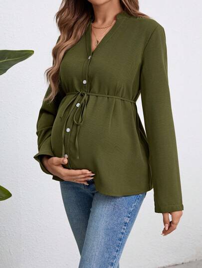 SHEIN Maternity Green Casual Button-Down Long Sleeve Shirt, Spring/Fall