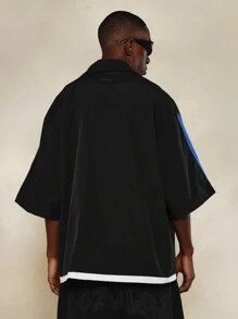 SUMWON Boxy Fit Revere Collar Shirt With Contrast Sleeve Print And Small Graphic Print - Black - View 2