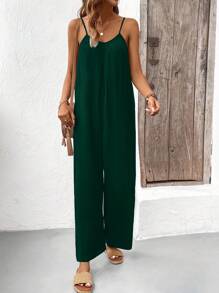 Breezaya Mono informal con tirantes espagueti plisados, escote en V y pantalones anchos rectos