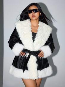 SHEIN ICON Plus Contrast Fleece-Trimmed Drawstring PU Leather Jacket - Black and White - View 3