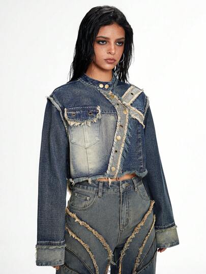 Grunge Punk Street Style Vintage Distressed Patchwork Fringe Loose Short Denim Jacket For Women
