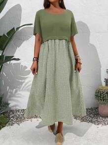 EMERY ROSE Vestido de manga corta de talla grande para mujer con unicolor y parche a cuadros