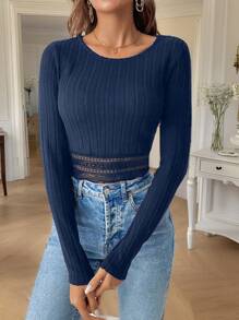 SHEIN Frenchy Women Fall Winter  Black Lace Patchwork Tight Fitted Textured Fabric T-Shirt Casual Blue Spring - Royal Blue - View 6