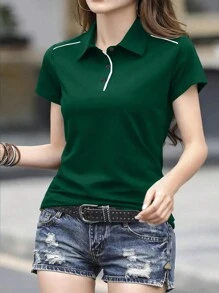 INAWLY 女士夏季撞色 Polo 领短袖休闲 T 恤 - 綠色 - 查看 4