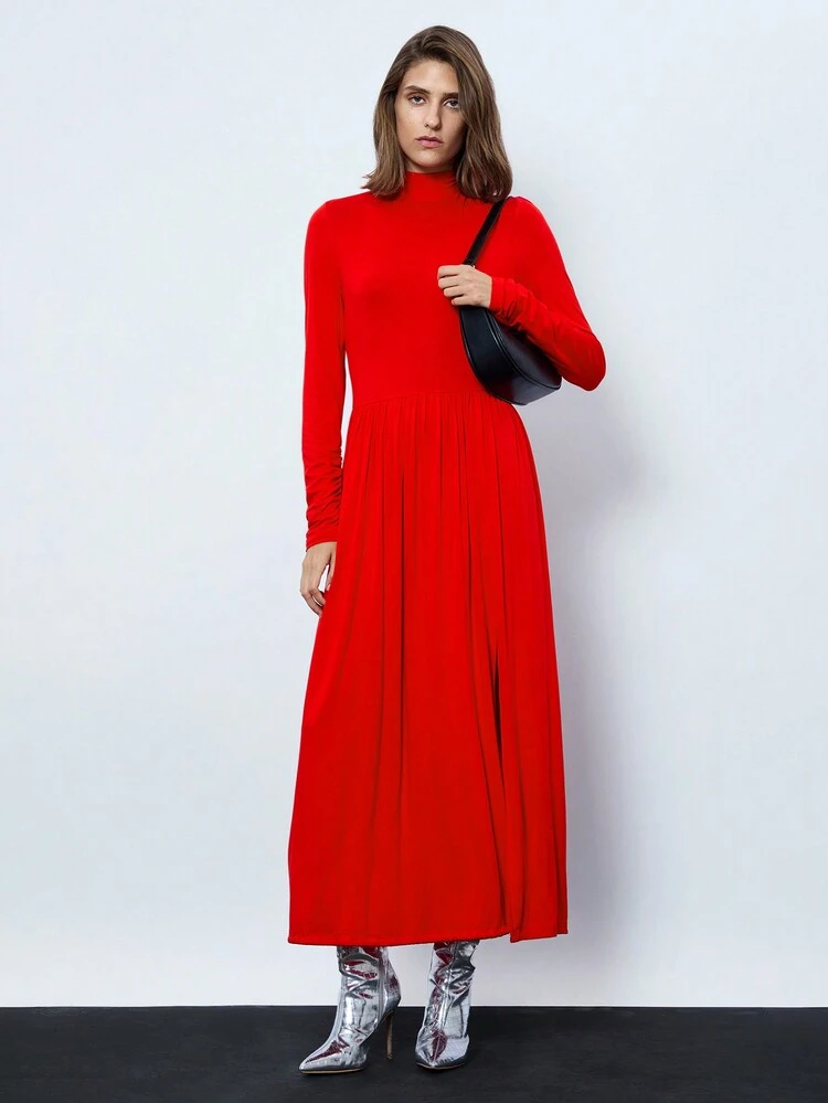 SHEIN Maija 스탠드 칼라, 긴 소매, 사이드 슬릿 밑단이 있는 여성용 솔리드 컬러 드레스, 봄 여름 우아한 니트 드레스