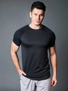 Manfinity Sport Corelite Camiseta Esportiva de Manga Curta com Gola Careca, Estilo Namorado, Cor Sólida, Simples, para Verão - Preto - Visão 3