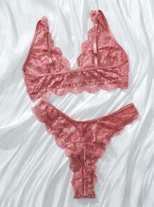 SHEIN 女士纯色蕾丝贝壳边内衣套装 - 粉色 - 查看 2