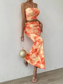 Allurite 2 件女士水彩印花露肩上衣和裙子套装 - 彩色 - 查看 5