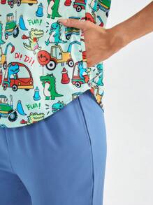 TaskEZ 卡通恐龙印花磨砂上衣，带口袋和裤子，制服套装 - 彩色 - 查看 7