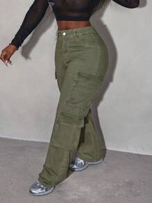 Slaydiva Petos vaqueros con bolsillo para mujer, pantalones cargo de mujer color verde militar, pantalones vaqueros holgados, pantalones holgados de mujer, pantalones de otoño para mujer - Verde militar - Ver 3