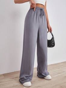 SHEIN Tall Quần dài cạp cao bằng cotton trơn màu cho nữ có dây rút - Xám - Xem 3